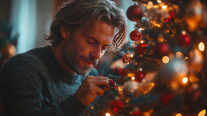 elegant man in his fourties, decorating christmas tree in a cozy living room, christmas mood,