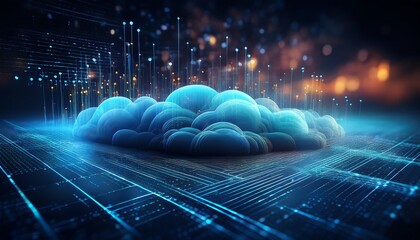 Poster - A futuristic cloud scene with digital rain, glowing data streams, and a vibrant blue background, symbolizing technology and innovation.