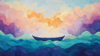 Canvas Print - A small boat floats on a sea of swirling blue,  with a colorful sky above.