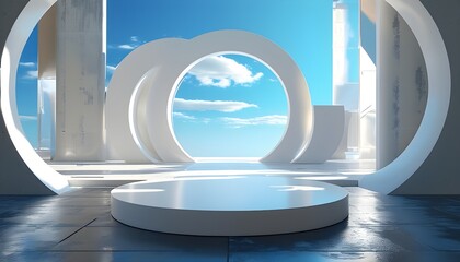 Futuristic abstract scene featuring a blue sky, a minimalist white round stage, and elements of modern architecture for an art exhibition