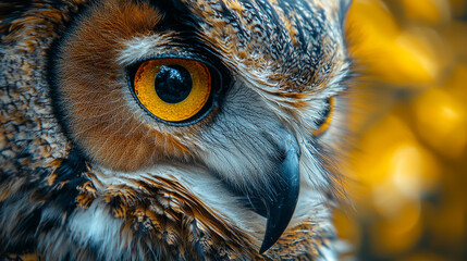 Close-up of an owl's eye with a bright yellow iris.