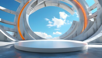 Futuristic abstract scene featuring a blue sky, a minimalist white round stage, and elements of modern architecture for an art exhibition