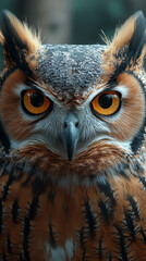 Wall Mural - A close-up shot of an owl's face with piercing yellow eyes.