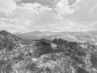 Wall Mural - Green hills under blue summer sky landscape in Ireland, pencil drawn sketch illustration