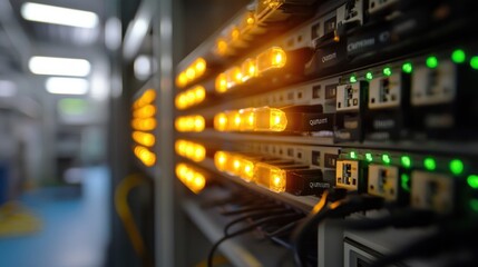 Wall Mural - Close-up of a Server Rack with Illuminated Status Lights in a Data Center.