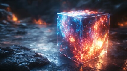 Wall Mural - Glowing cube with fire and ice inside, on a rocky surface.