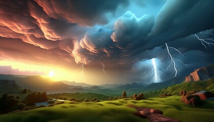 Wall Mural - Thunderstorms that occur in large open fields The sky was filled with thick black swirling clouds.