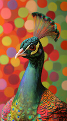 Wall Mural - A vibrant peacock with iridescent feathers against a colorful polka dot background.