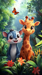 Wall Mural - A cute blue deer and giraffe smile in the jungle.