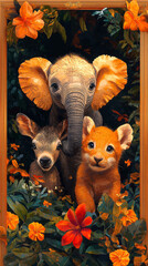 Wall Mural - A baby elephant, deer, and lion cub peek out from a lush jungle setting.