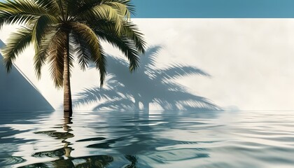 Tropical vibes with palm tree shadows casting on a sunlit white wall, reflecting serene water and creating an abstract summer ambiance.