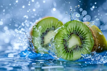 Wall Mural - Fresh kiwi fruit slices splashing into water on blue background