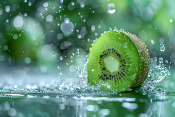 Wall Mural - Fresh kiwi fruit splashing in water on green background