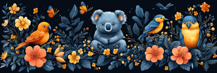 Wall Mural - Cute koala sitting in a bush with birds and butterflies.