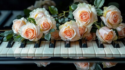 Canvas Print -   A group of pink roses rests atop a white piano, accompanied by a cluster of green leaves