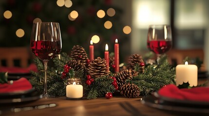 Wall Mural -   A close-up of a table adorned with a candle and a plate containing a candle and pinecones