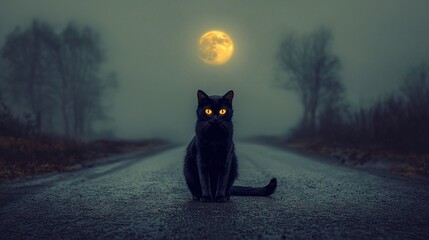 Wall Mural -   Black cat on road under full moon in background