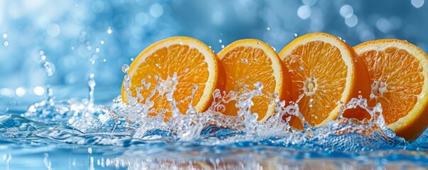 Fresh sliced oranges making splash in water