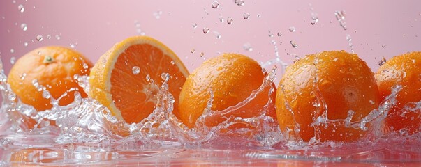 Wall Mural - Fresh oranges splashing in water on pink background