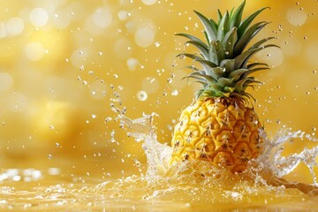 Wall Mural - Ripe pineapple splashing into water on yellow background