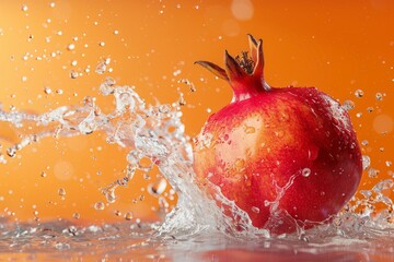 Wall Mural - Ripe pomegranate splashing into water on an orange background