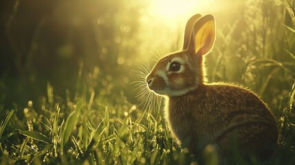 Poster -   A close-up image of a rabbit in a field of green grass with sunlight filtering through tall trees behind it