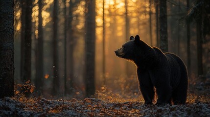 Poster -   A bear stands amidst a forest, bathed in sunlight filtering through the treetops as leaves carpet the earth below