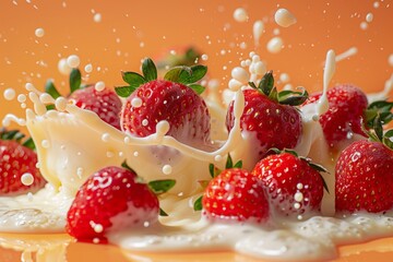 Wall Mural - Fresh strawberries falling in milk splashing on orange background