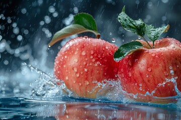 Two ripe apples splashing in water with leaves