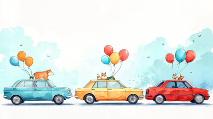  Three cars with animals on top, driven by balloons.