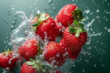 Wall Mural - Fresh strawberries being splashed with water on dark green background