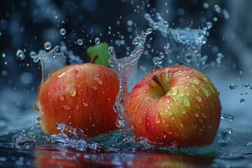 Wall Mural - Fresh red apples being splashed with water