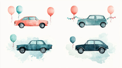  Watercolor illustration of four vintage cars with balloons.