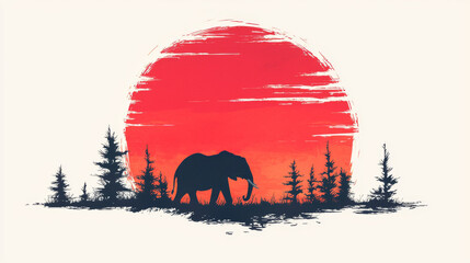 Wall Mural - Silhouette of an elephant walking past trees at sunset.