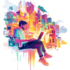 A creative designer sitting on a chair and working with their laptop, surrounded by colorful ideas in a digital illustration style.