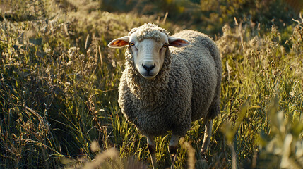 Canvas Print -   A close-up shot of a sheep amidst tall grass in a field