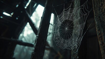 Wall Mural -   Spider web on wooden structure in eerie forest