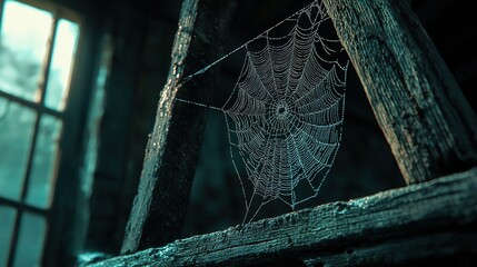 Wall Mural -   A spider web hangs from the wooden structure to the side of the window pane