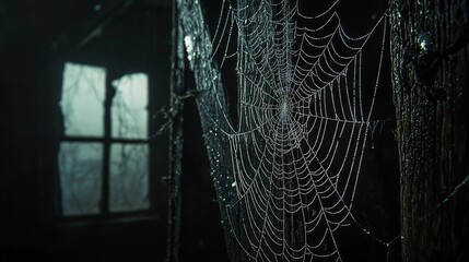 Wall Mural -   A dark room with a spider web in front of a window, illuminated by sunlight filtering through