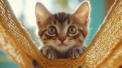 Poster -   A startled kitten relaxes in a hammock, gazing at the camera