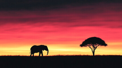 Elephant silhouette against a vibrant sunset.