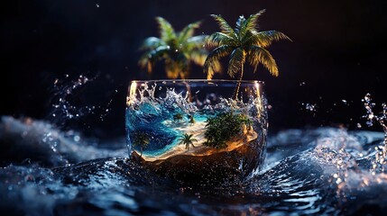   A glass of water with a palm tree submerged and water splashing around it