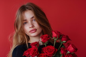 Beautiful young woman holding red roses on red background