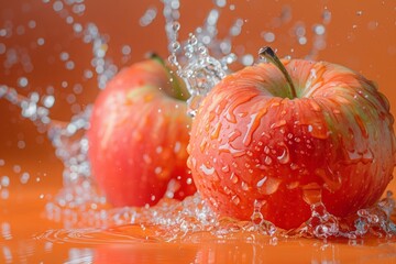 Wall Mural - ripe red apples splashed water on an orange background