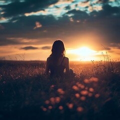 Wall Mural - woman silhouette sitting in a field watching the sunset.