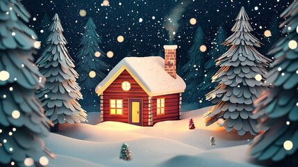 Canvas Print -   A serene winter landscape featuring a cozy cabin surrounded by towering trees and blankets of falling snow