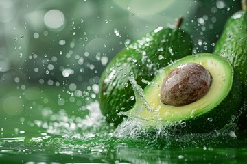 Wall Mural - Fresh avocado halves splashing in water on green background