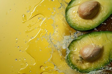 Wall Mural - Ripe avocado halves splashing into water on yellow background. Copy space for text