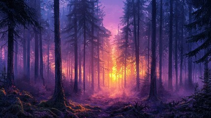 Sticker -   A dense forest surrounded by a forest full of purple and yellow trees