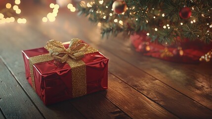 Poster -   A red gift box with a golden bow rests on a wooden floor beside a Christmas tree adorned with lights in the background